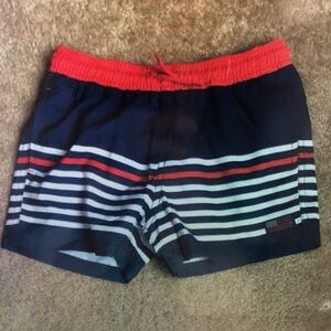 Nautical Striped Kids Swim Trunks - Red and Blue